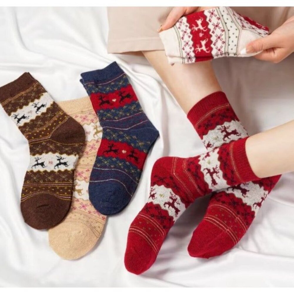 NEW 5 Sets Womens Wool Blend Reindeer Fair Isle Snowflake Cabin Socks Bundle - Picture 3 of 5